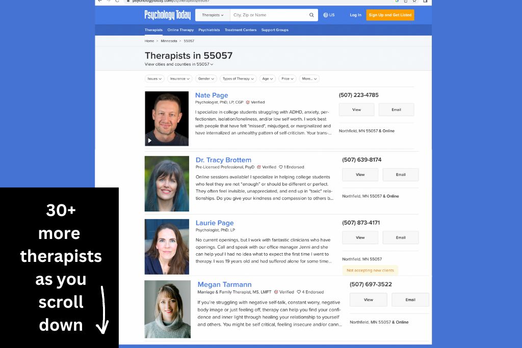 List of therapists in Northfield, Minnesota (example from Psychology Today directory)