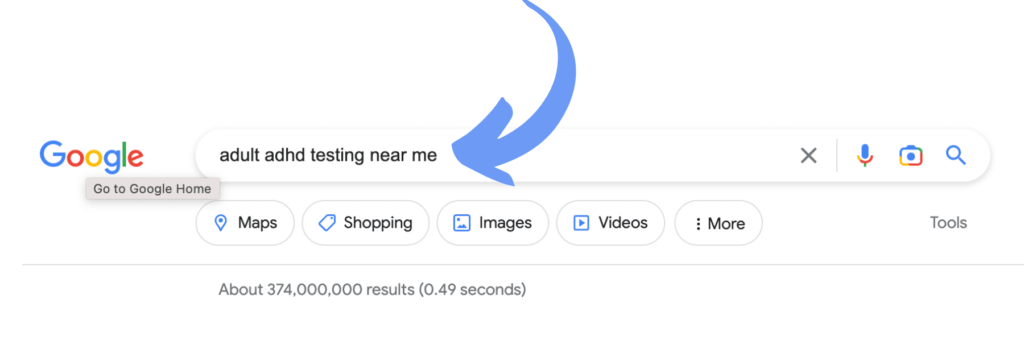 Adult ADHD testing near me (google search image)