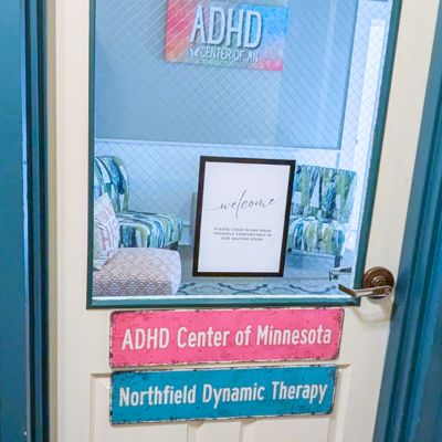 Front door of the Northfield Dynamic Therapy and ADHD Center of Minnesota office in downtown Northfield, Minnesota.